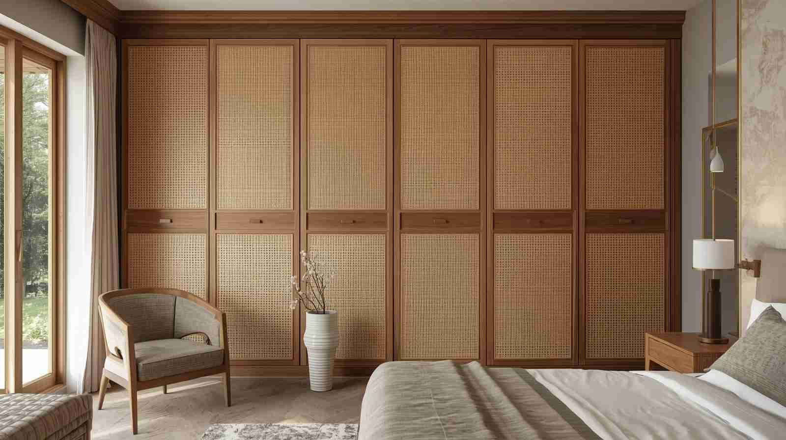 Nature-inspired organic material wardrobe featuring earthy tones and sustainable design for a calming bedroom aesthetic.
