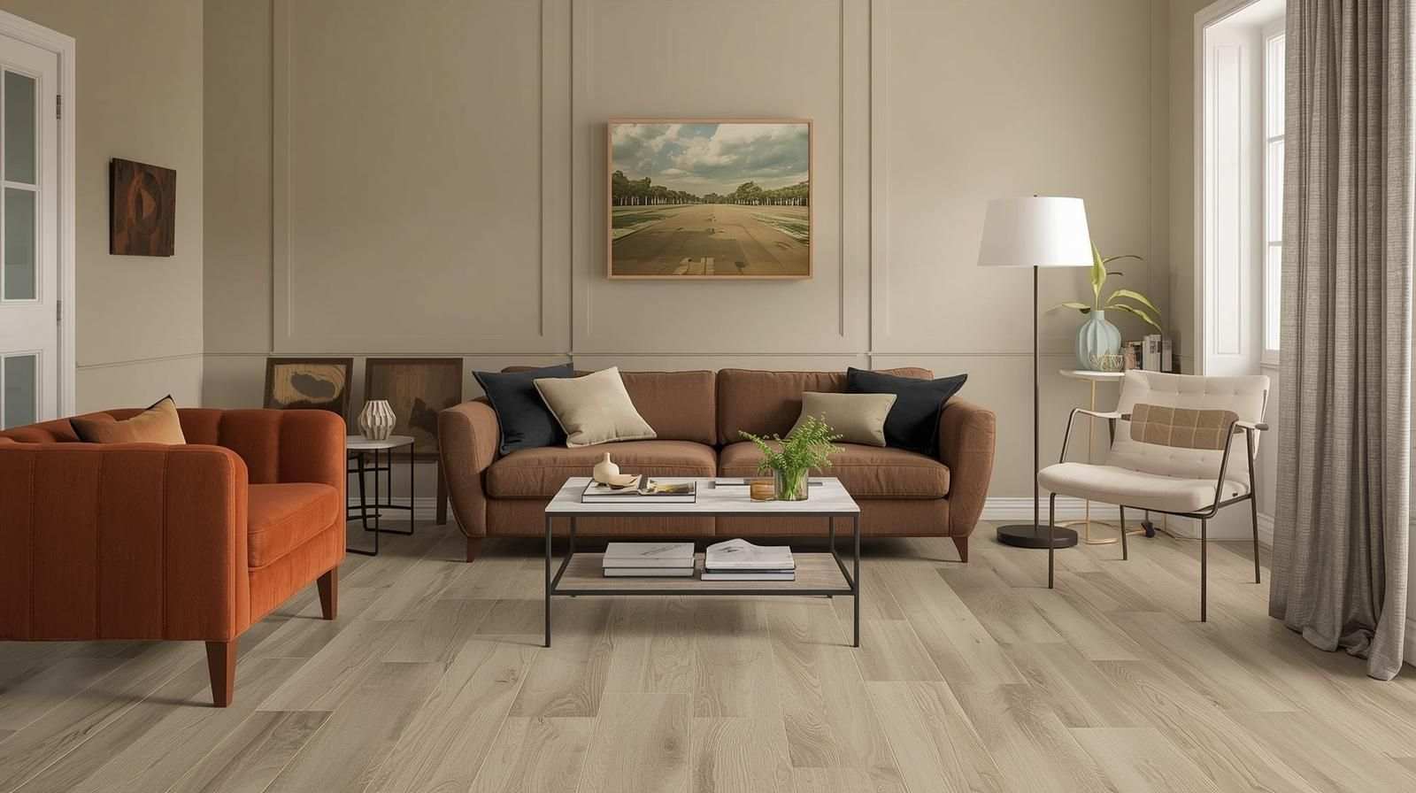 Neutral Beige Walls with Wooden Finish Tiles