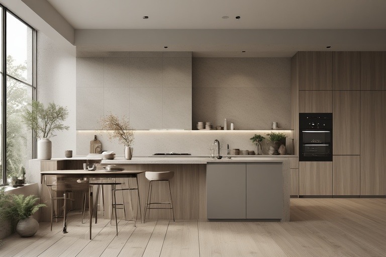 Calm and neutral simple kitchen design in beige and soft white for an airy feel.