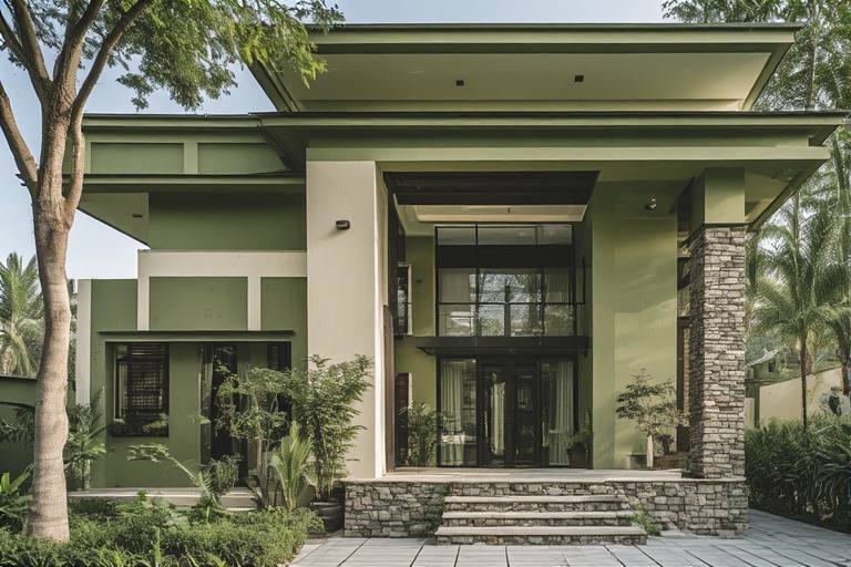 Olive green and cream exterior colour combination for earthy designs