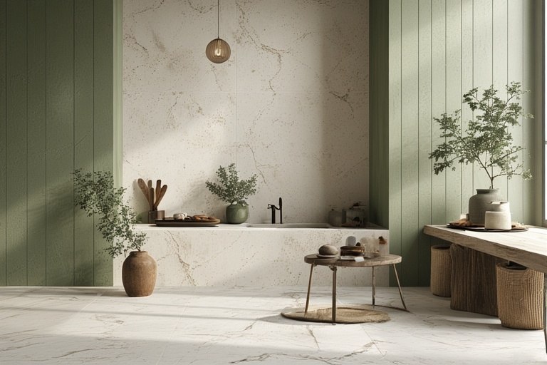 Olive Green & Ivory with Textured Porcelain Tiles