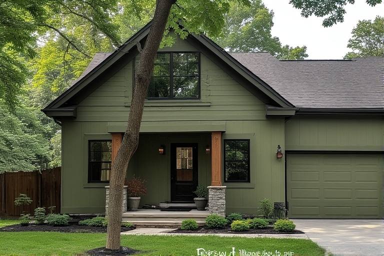 Olive green and muted brown best colour combination for house exterior for a natural and grounded look.