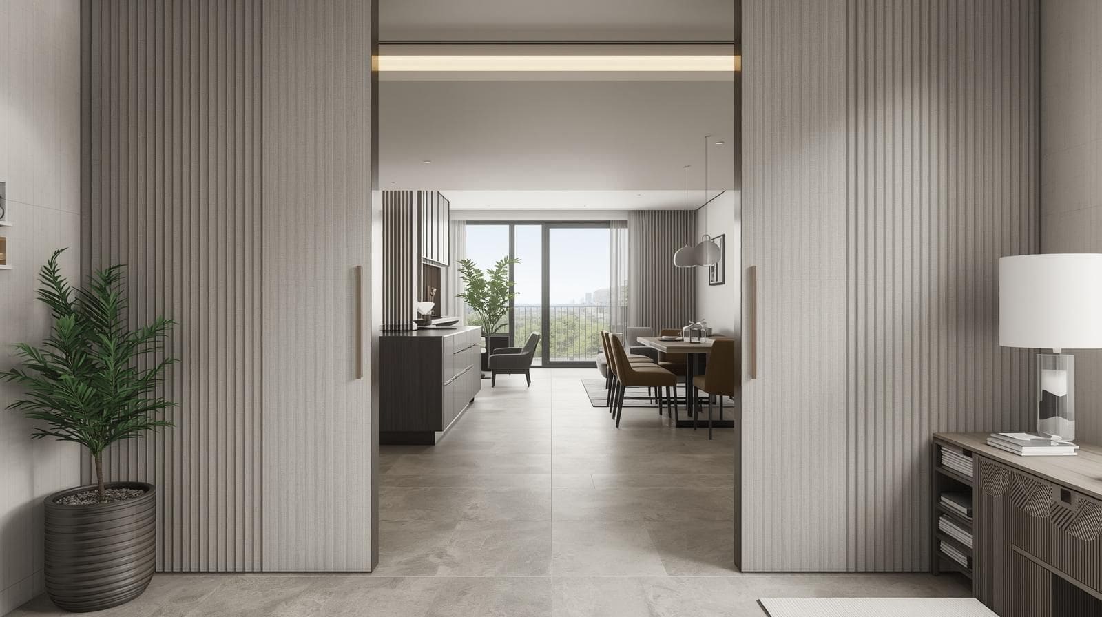 Open-Concept Kitchen Entrance Design with Matte Vitrified Tiles.