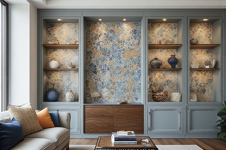 Open wall showcase design with tiles.