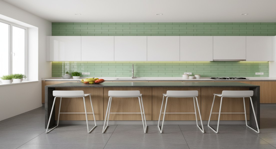 Open Kitchen Design with Glass Subway Tile
