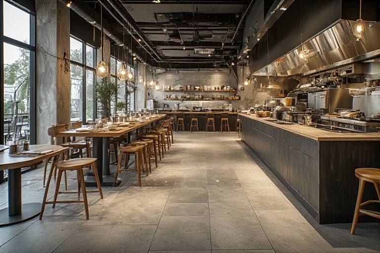 Open kitchen restaurant design with anti slip hygienic tiles