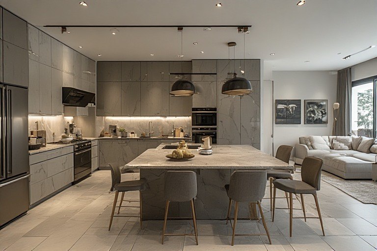 Open L-shape modular kitchen design integrated with a spacious living area