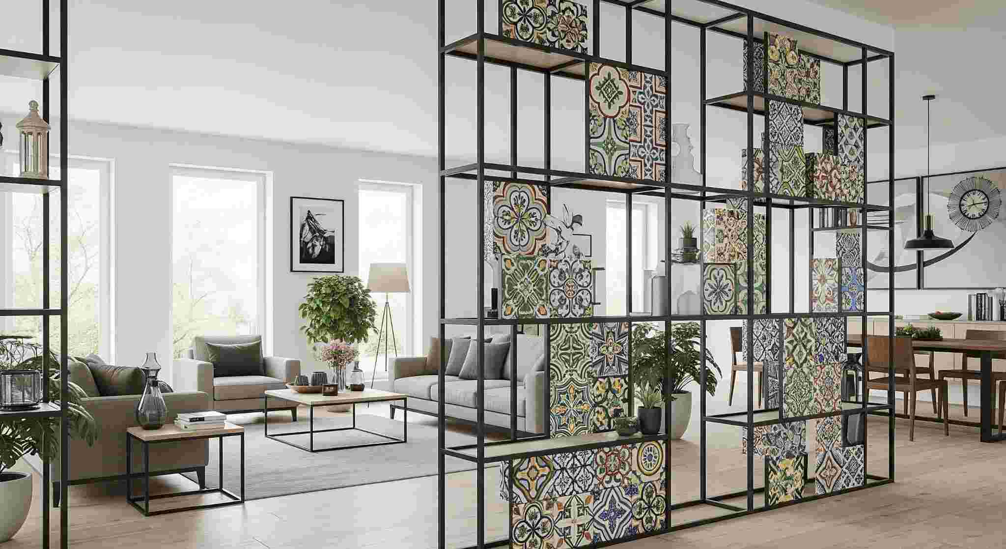Open Metal Frame Partition with Tile Inserts