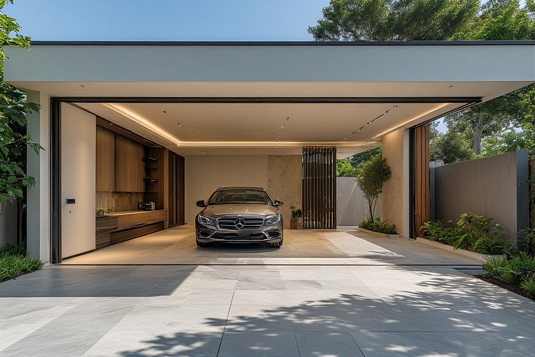 Open plan village single floor home front design with an integrated car porch and vitrified flooring