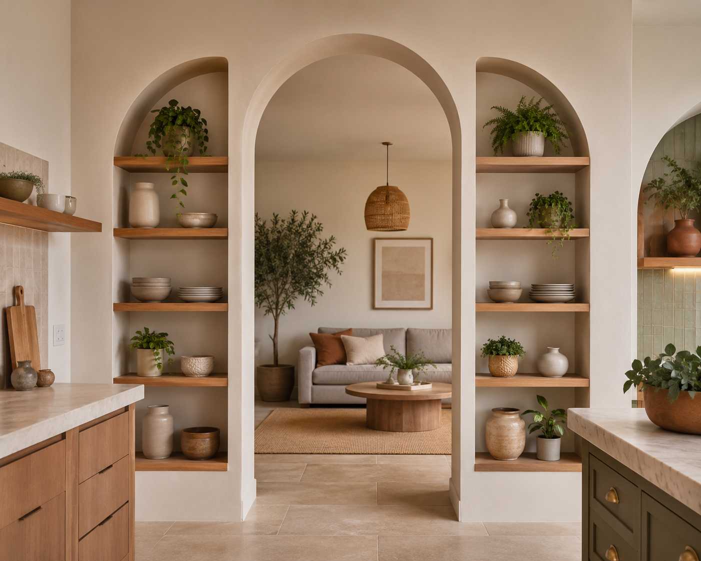 Kitchen arch design with open shelf integration