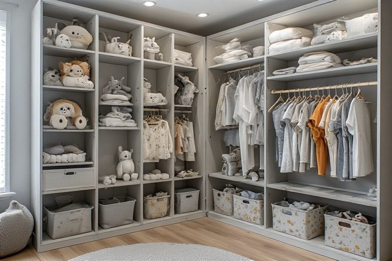Organized open shelf modern wardrobe designs for childrens room access.