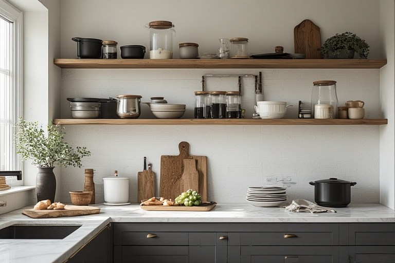 Airy simple kitchen design featuring open shelving for easy access and an organized look.