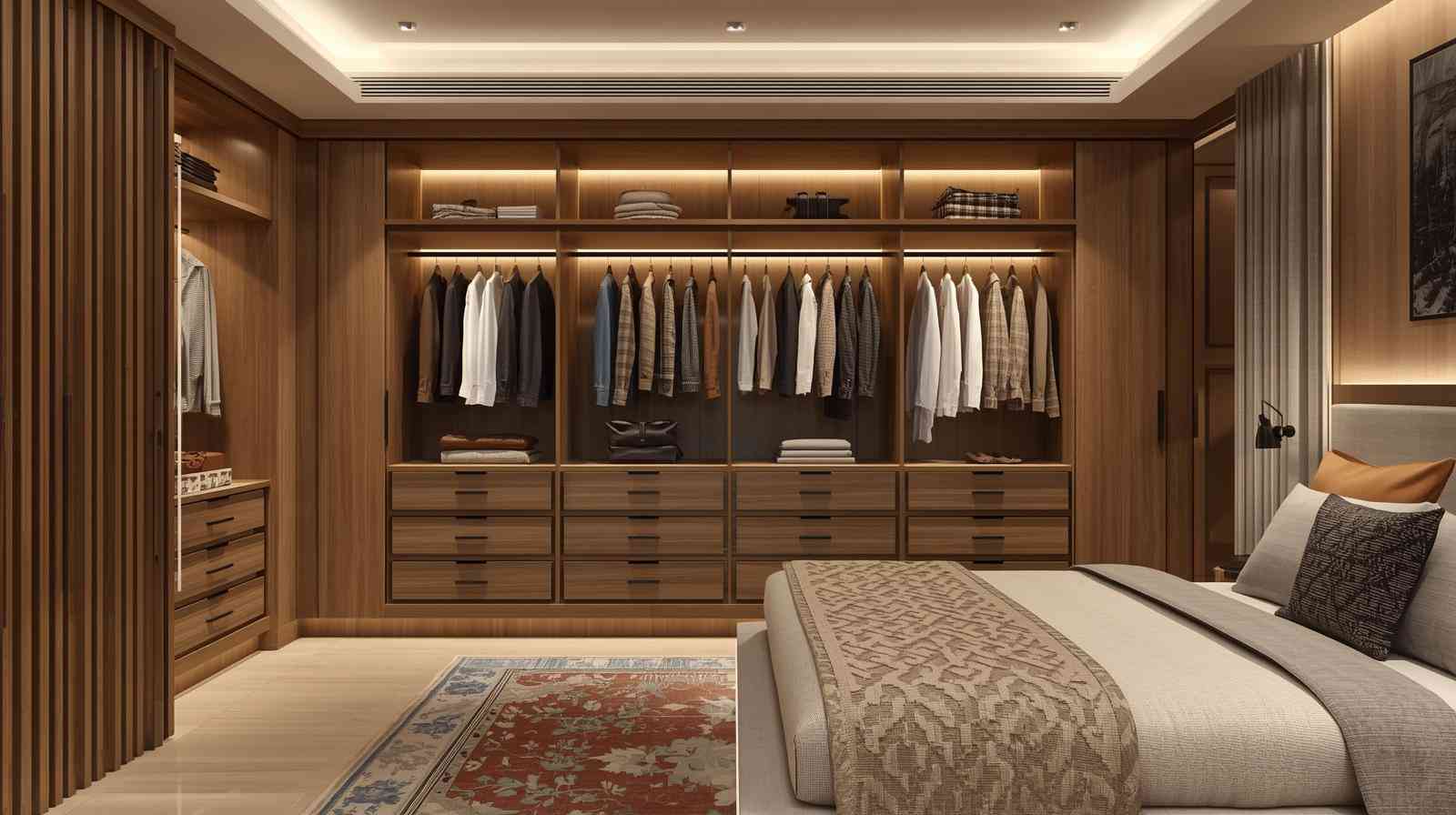 Open wardrobe designs without doors offer easy access and a minimal, airy layout ideal for modern bedrooms.