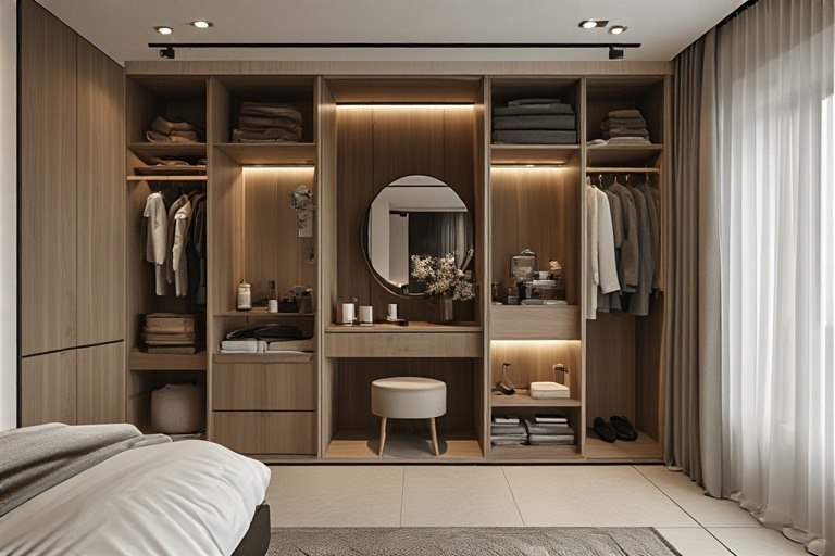 Open wardrobe with dressing table integrated into a vanity niche