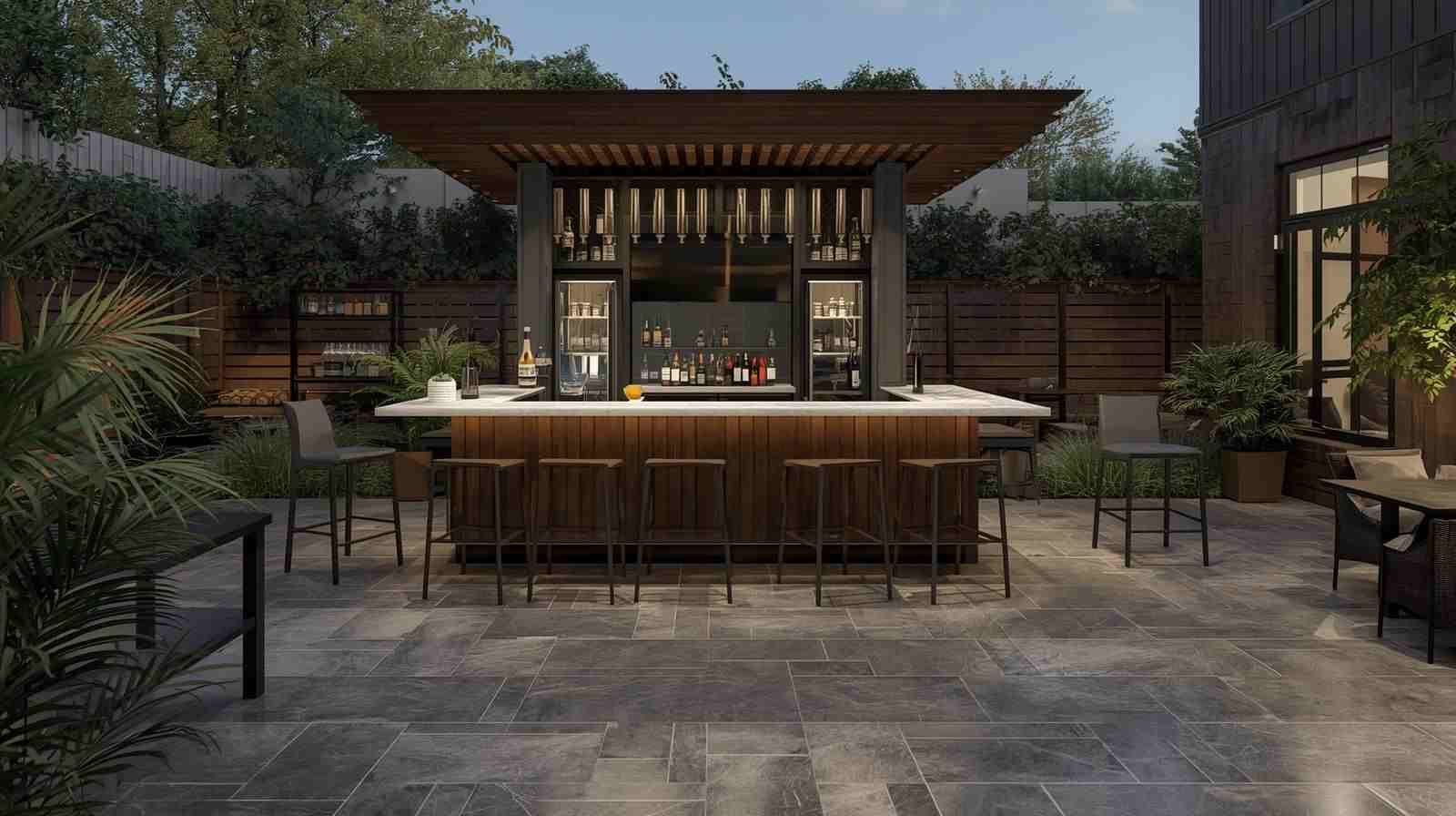Outdoor patio bar counter design with porcelain.