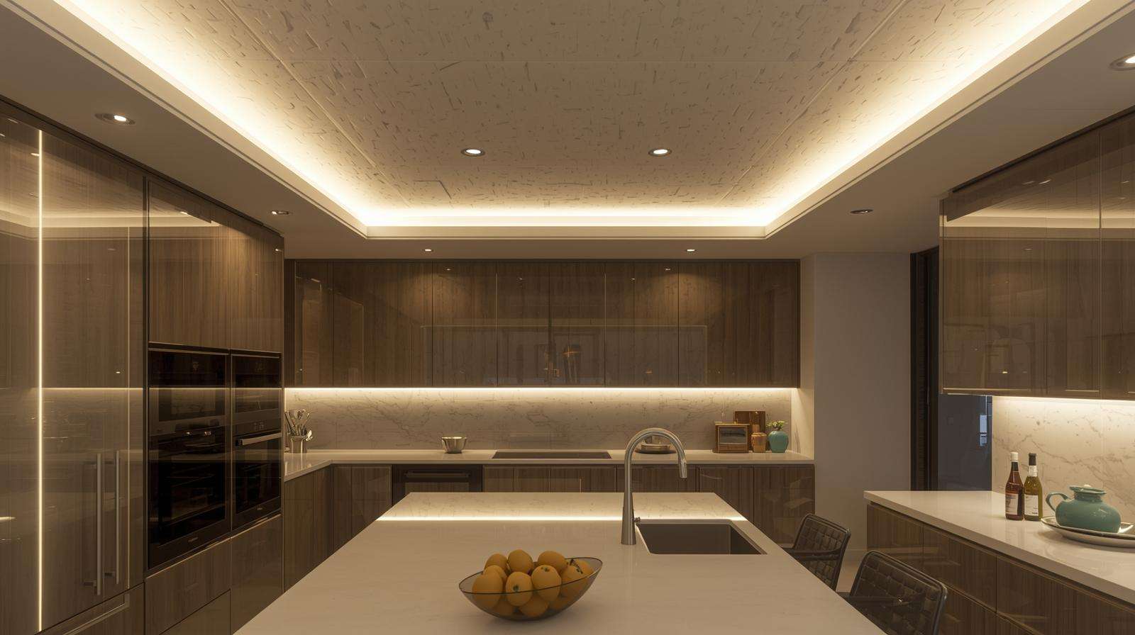 POP ceiling with cove lights and glossy tiles provides a luxurious and ambient modern ceiling design.