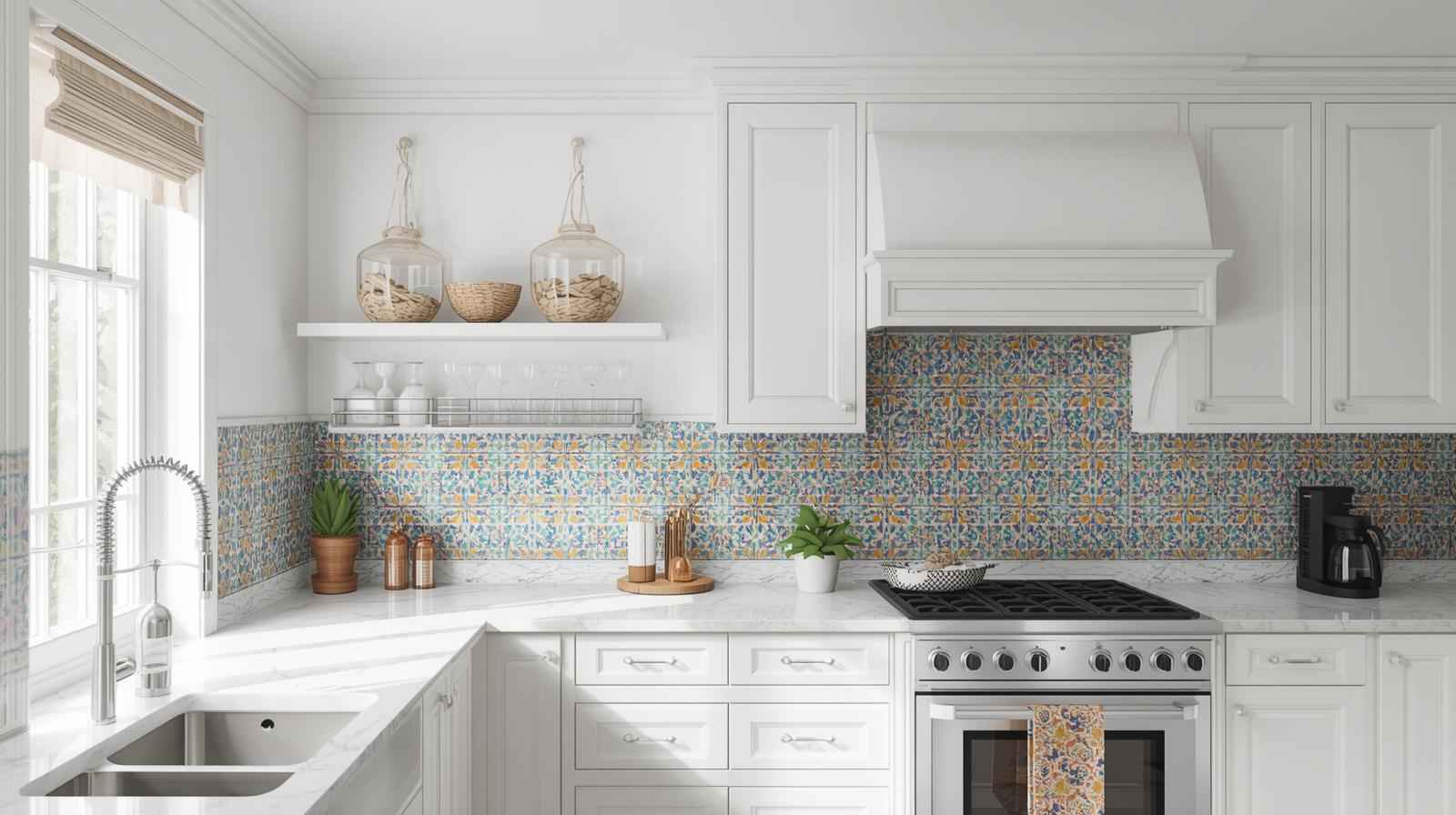 Painted white ceiling matched with patterned tiles creates a bright and balanced aesthetic for contemporary homes.