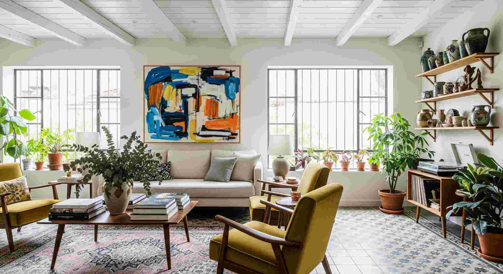 Painted White Wood Ceilings with Patterned Floor Tiles