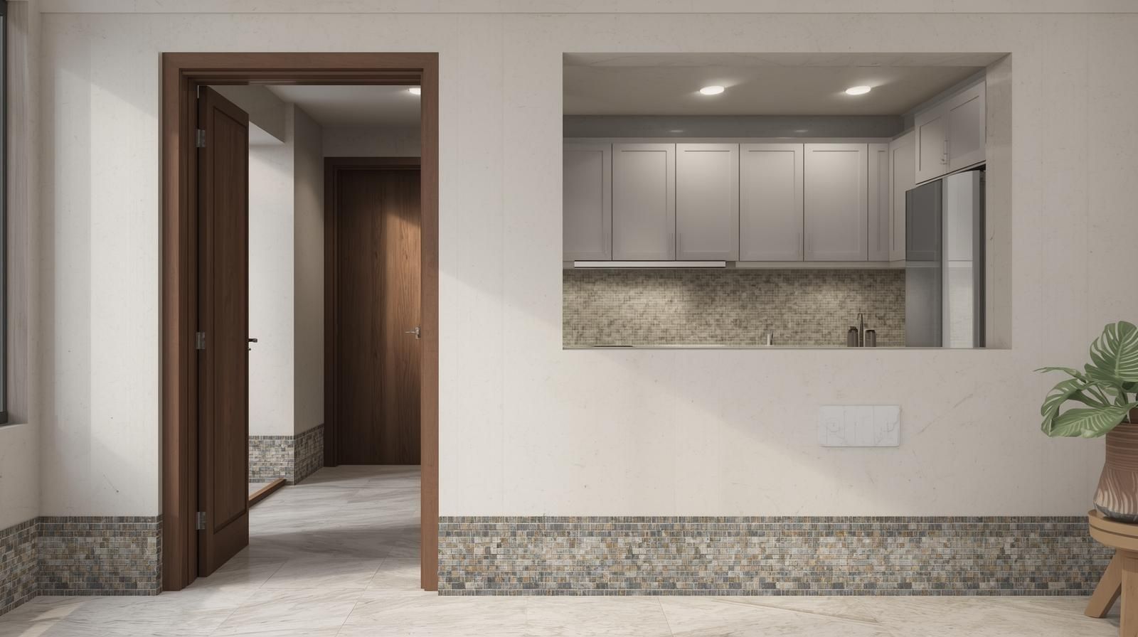 Partial Partition and Half-Wall Entrances with Patterned and Mosaic Tiles.