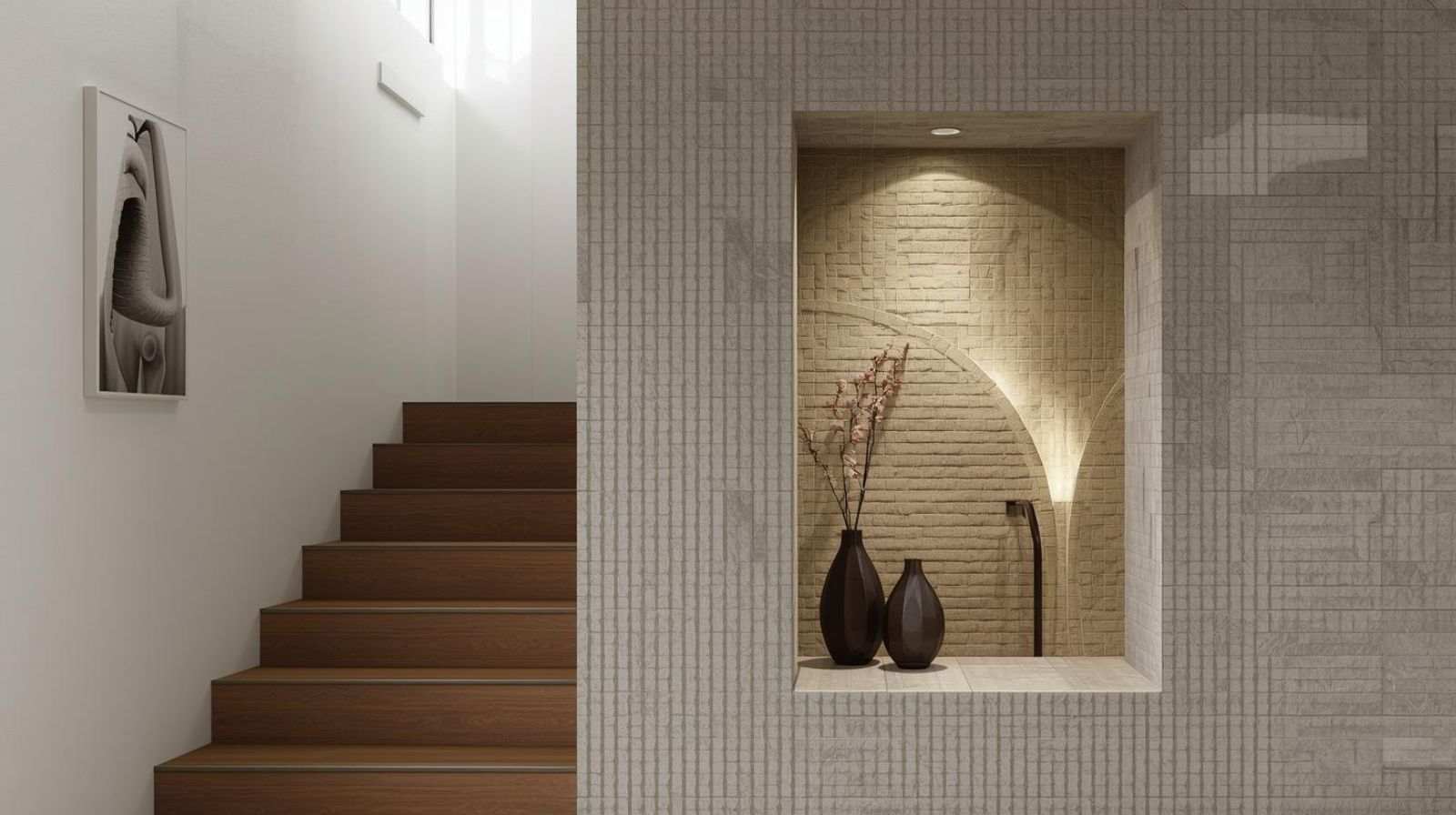Partition Wall with Textured 3D Tiles for Stair Nooks