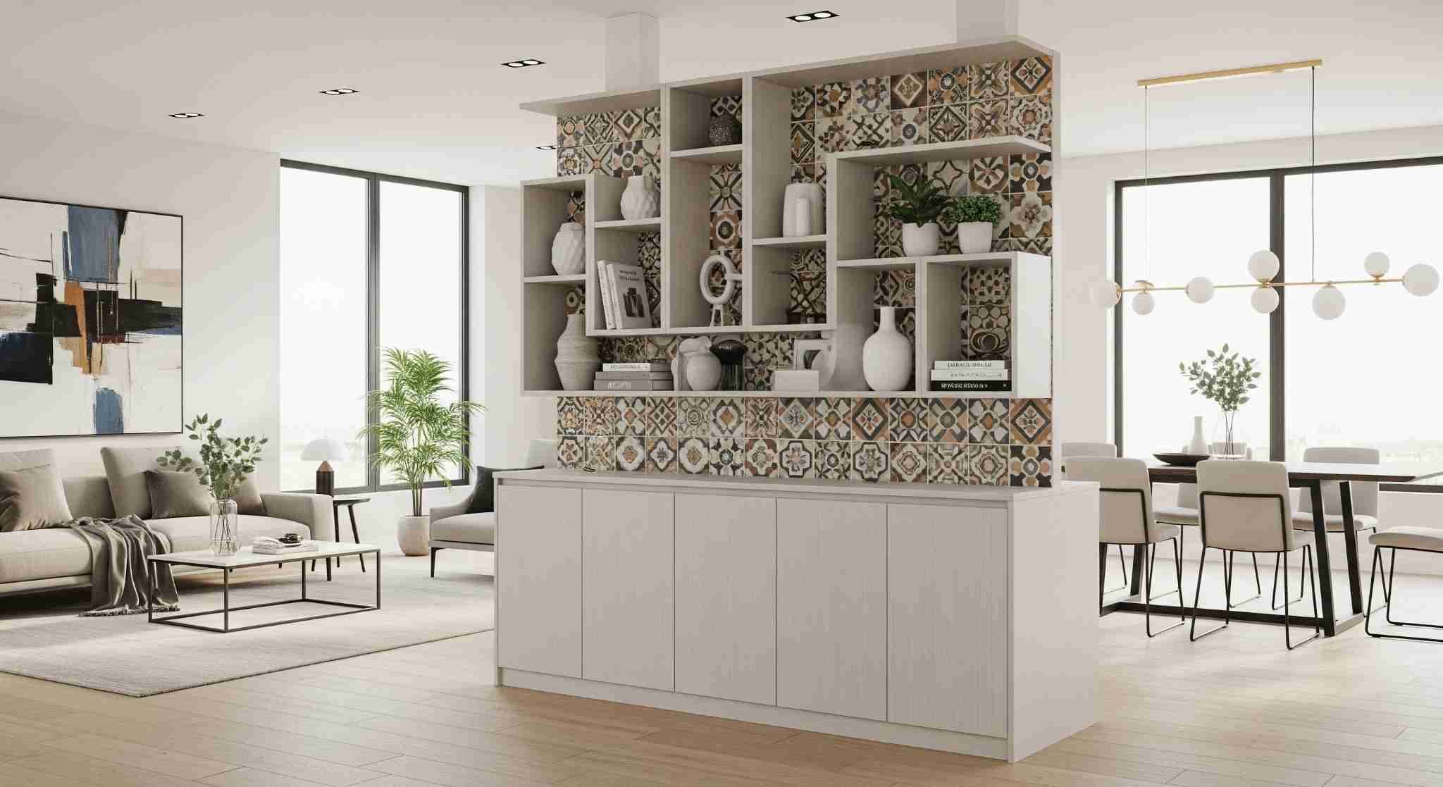Partition with Built-in Storage and Tile Accents