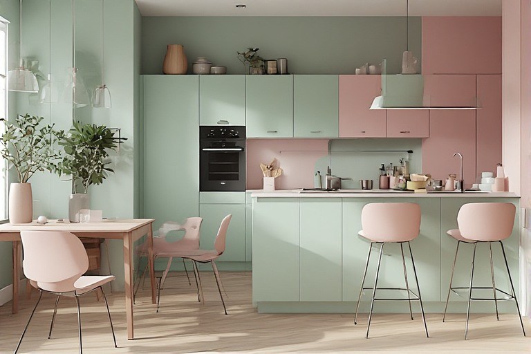 Pastel mint green and soft pink kitchen colour combination