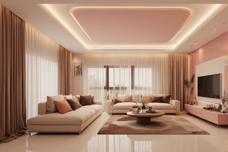 Pastel Pink and Off-White False Ceiling Colour Combination for Soft Interior Styling