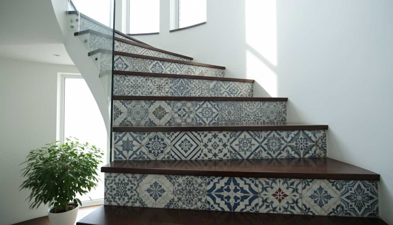 Patterned marble risers for visual interest in stair marble design