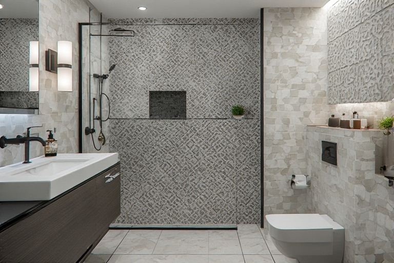 Patterned tile feature wall for modern bathroom interior design