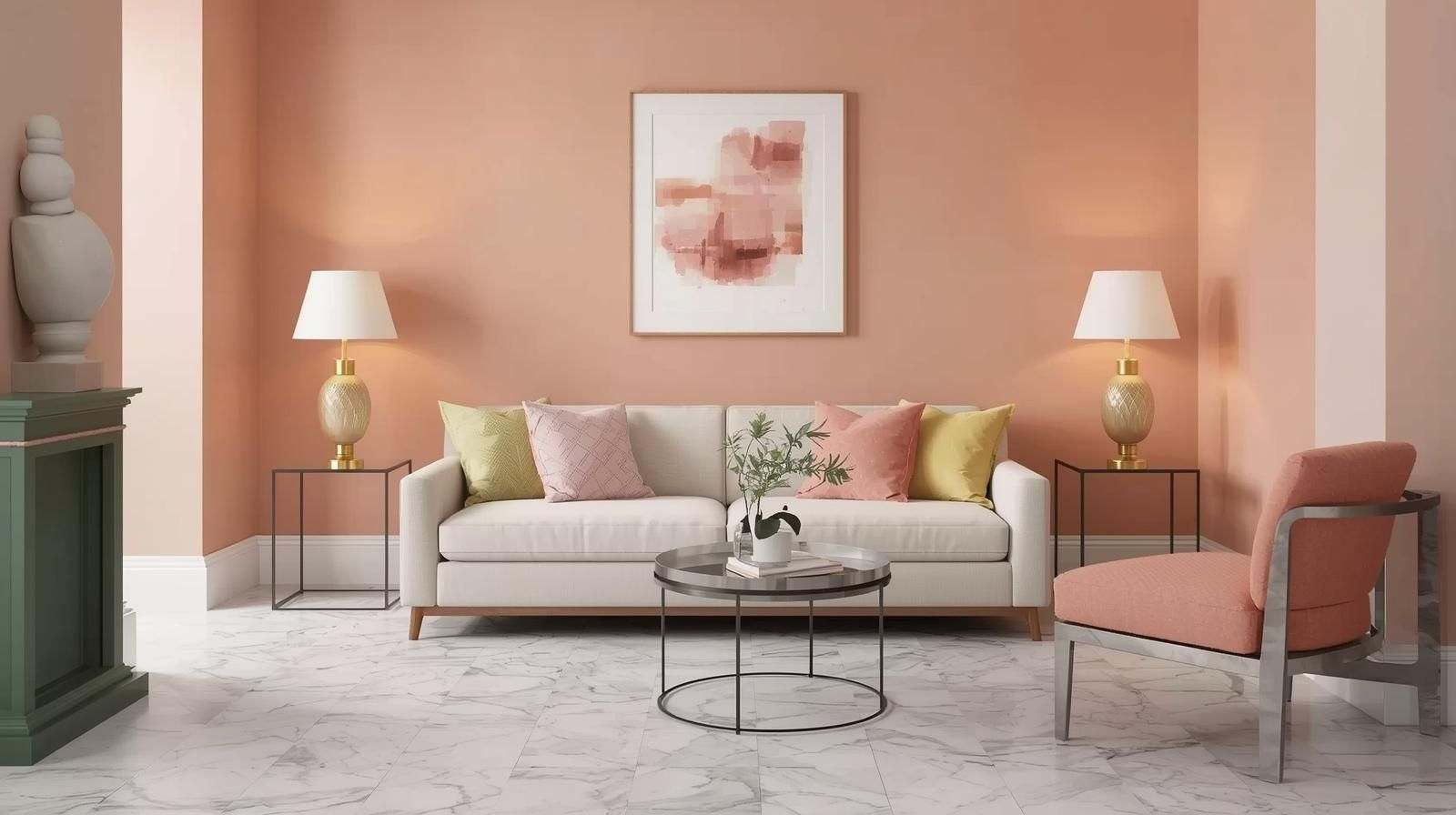 Peach Walls with Marble-Look Tiles