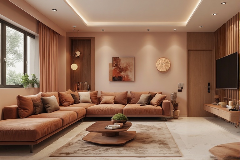 Peach and Brown Living Room Indian Hall Colour Combinations for Warm and Elegant Spaces