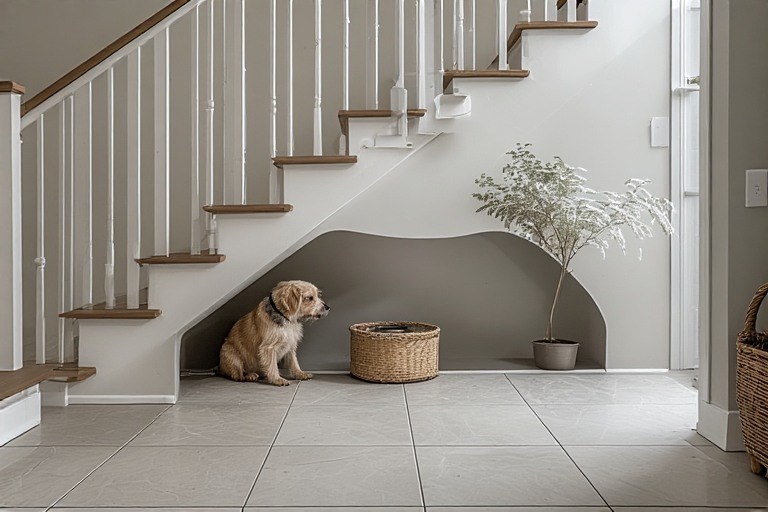 Hygienic pet nook under stairs design for modern homes
