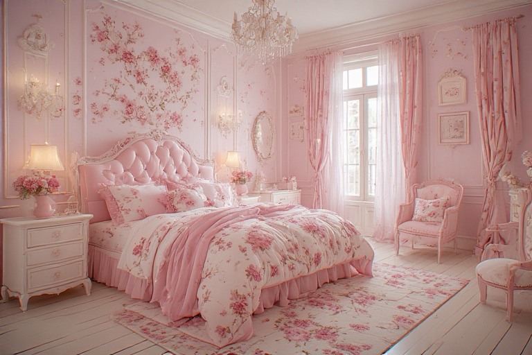 Pink Bedroom Design with Floral Patterns