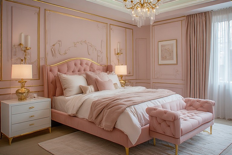 Pink Bedroom Design with Gold Accents