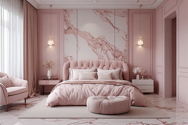 Pink Bedroom Design with Marble Look Tiles