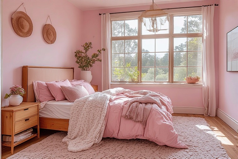 Pink Bedroom with Wooden Accents
