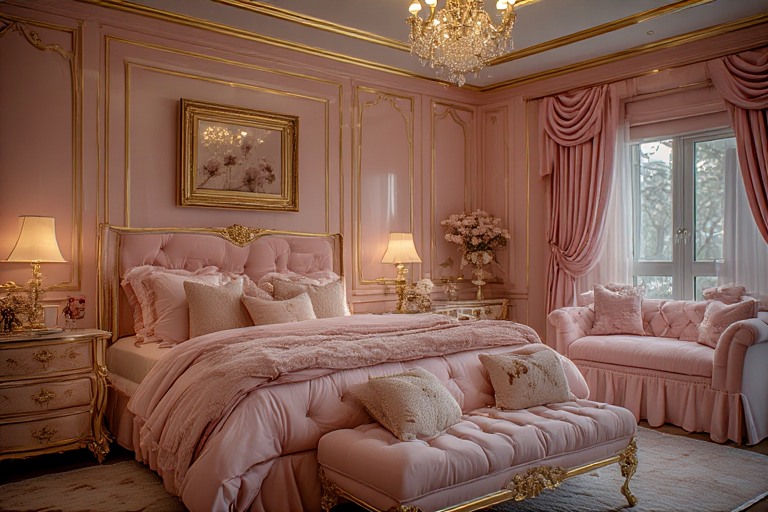 Gold and Pink Two Color Combination Bedroom Walls