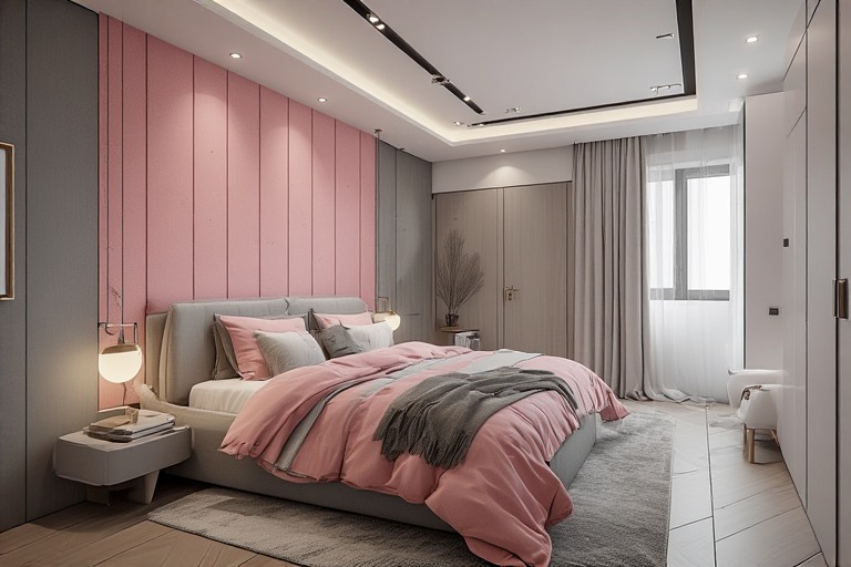 Grey and Pink Two Color Combiniation Bedroom Walls