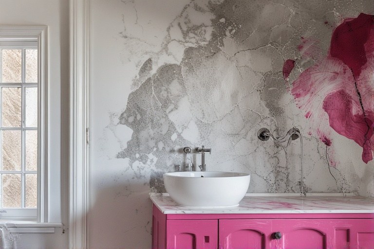 Pink and White Vanity with Contemporary Wash Basin