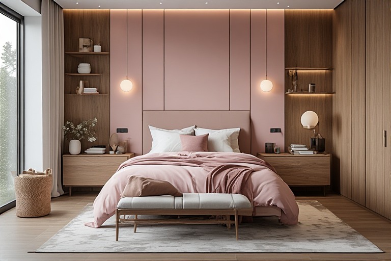 Wooden and Pink Two Color Combination Bedroom Walls