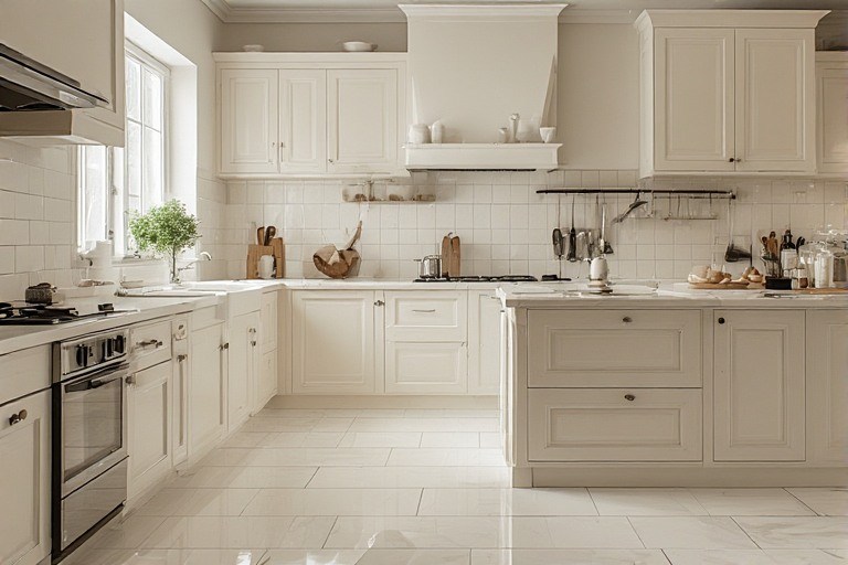 Minimalist white and cream kitchen floor ideas for brightness