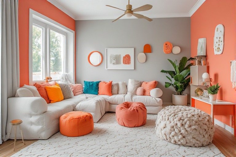 Playful light grey colour combination with coral accents for a cheerful and energetic kids' room.