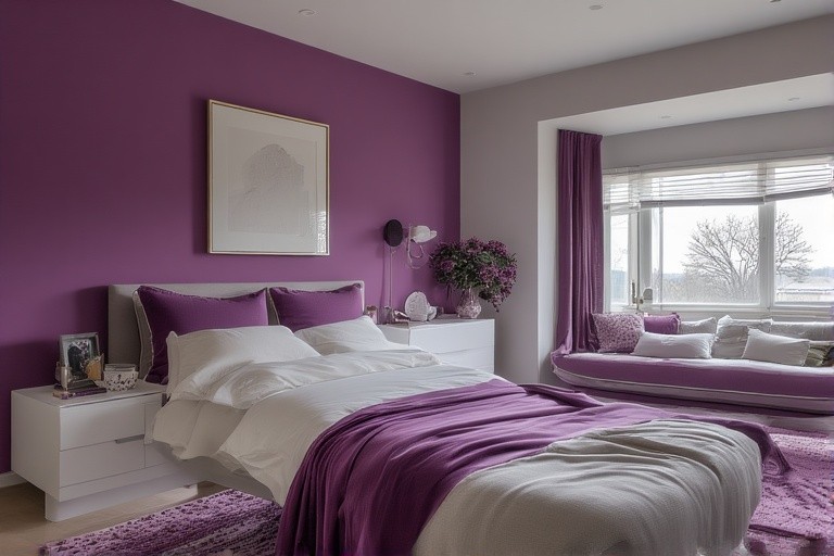Modern orchid and soft grey purple two colour combination for bedroom walls with matte finish flooring