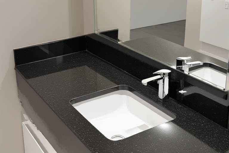 Polished Black Granite Counters Paired with White Sinks for a Sleek Bathroom Look