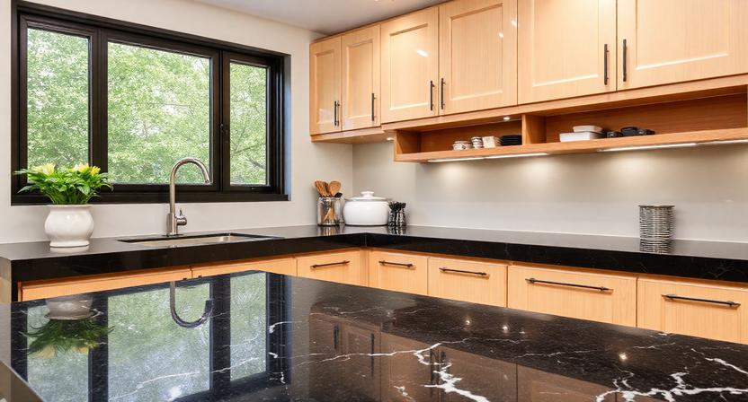 Polished Black Granite Slab for High-End, Sleek Kitchen Countertops