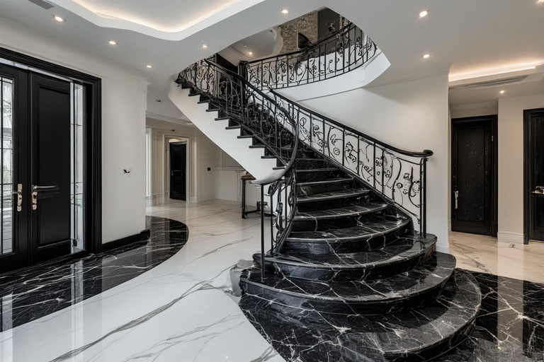Polished Black and White Granite Stairs with Decorative Landings for Elegant Homes