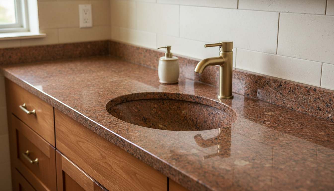 Warm polished brown table top wash basin granite design for sophisticated interiors