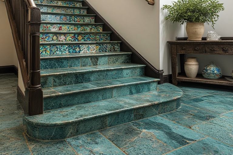 Polished Teal Granite Stairs with Patterned Tiles