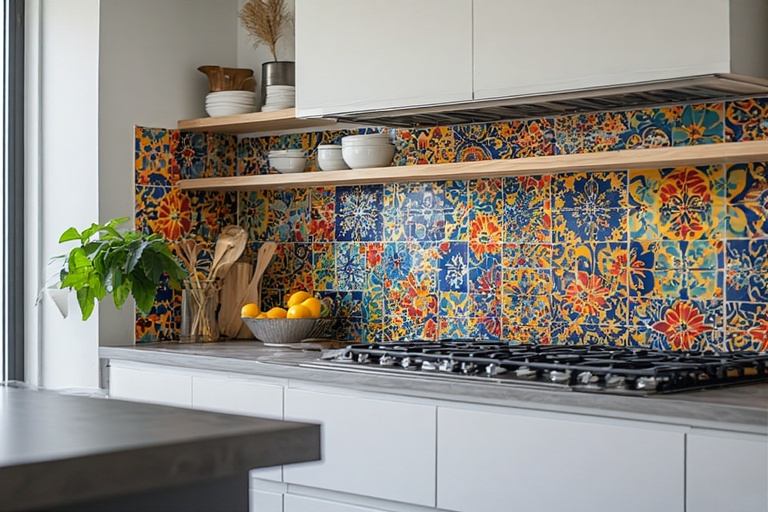 Simple kitchen design with a vibrant tile backsplash as a colorful focal point.