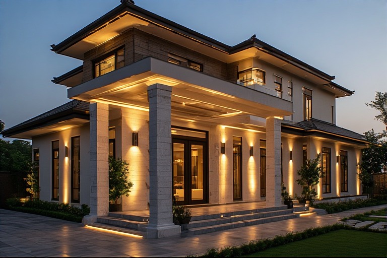 House Portico Design with Lighting Accents